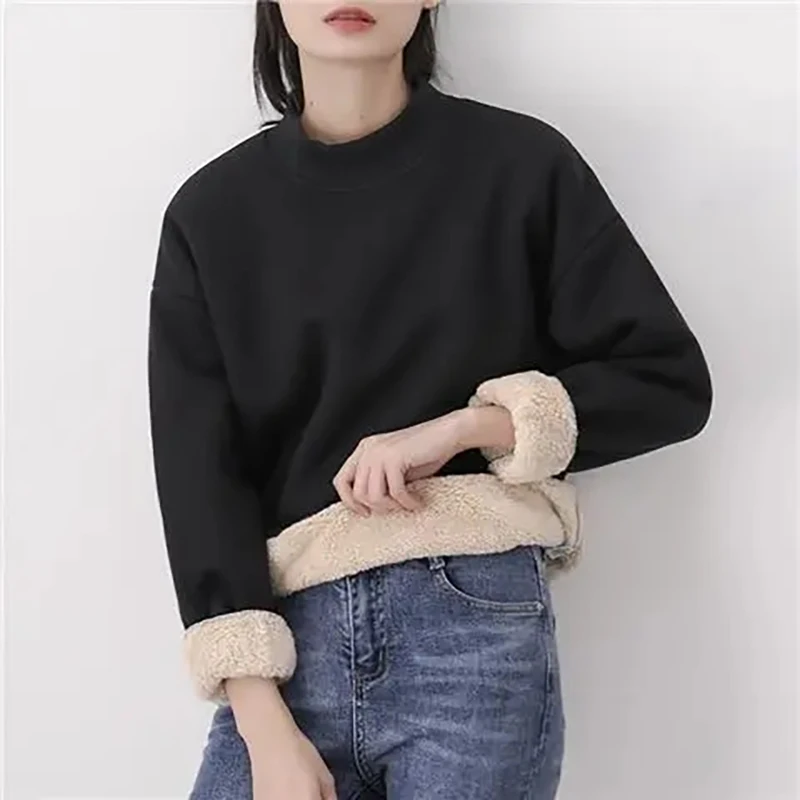 Lamb Wool M-4xl Warm Solid Color Simple Sweatshirts Women Autumn Winter Plus Velvet Loose O-neck Top 2023 New Sudaderas Outwear