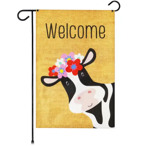 G128 Garden Flag Welcome Cow with Flowers 12