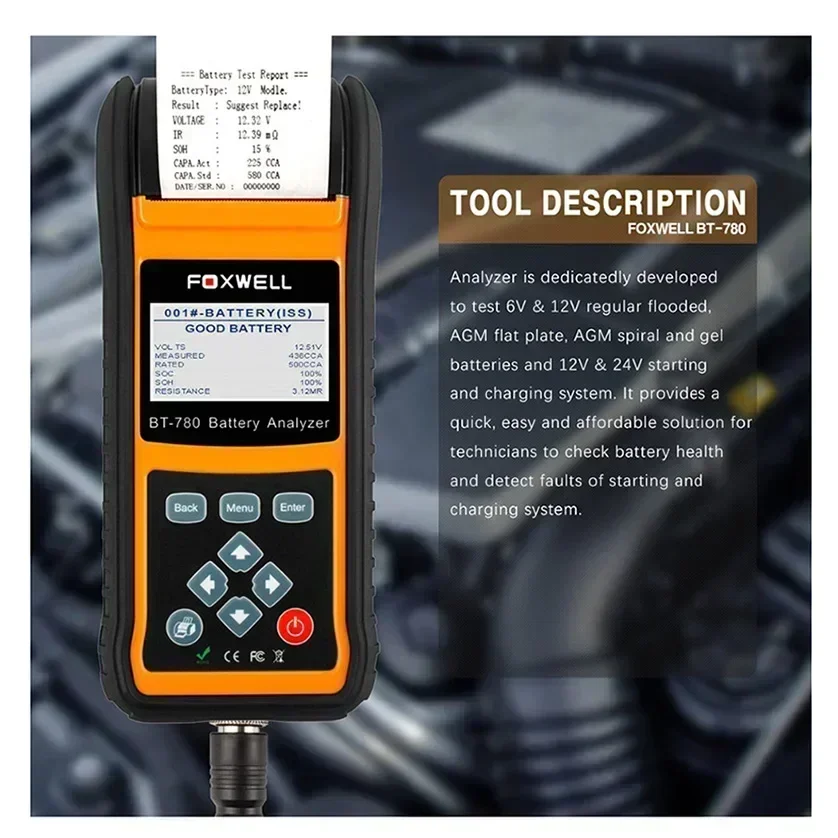 FOXWELL BT780 12V Battery Tester 0-1000A Car GEL AGM EBP Batteries Analyzer Built-in Printer car accessories battery monitor