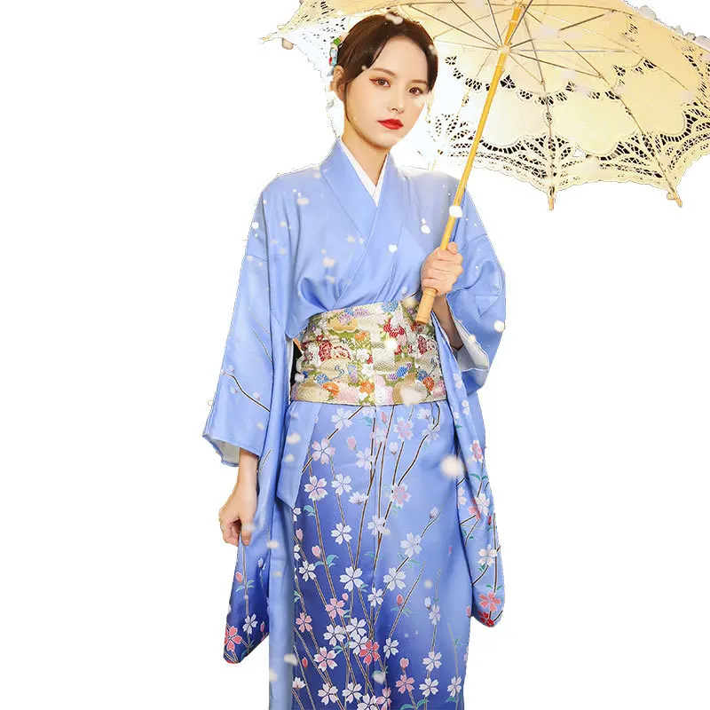 Women's Blue Floral Print Kimono Long Sleeve Formal Yukata Dress Japanese Traditional Cosplay Wear