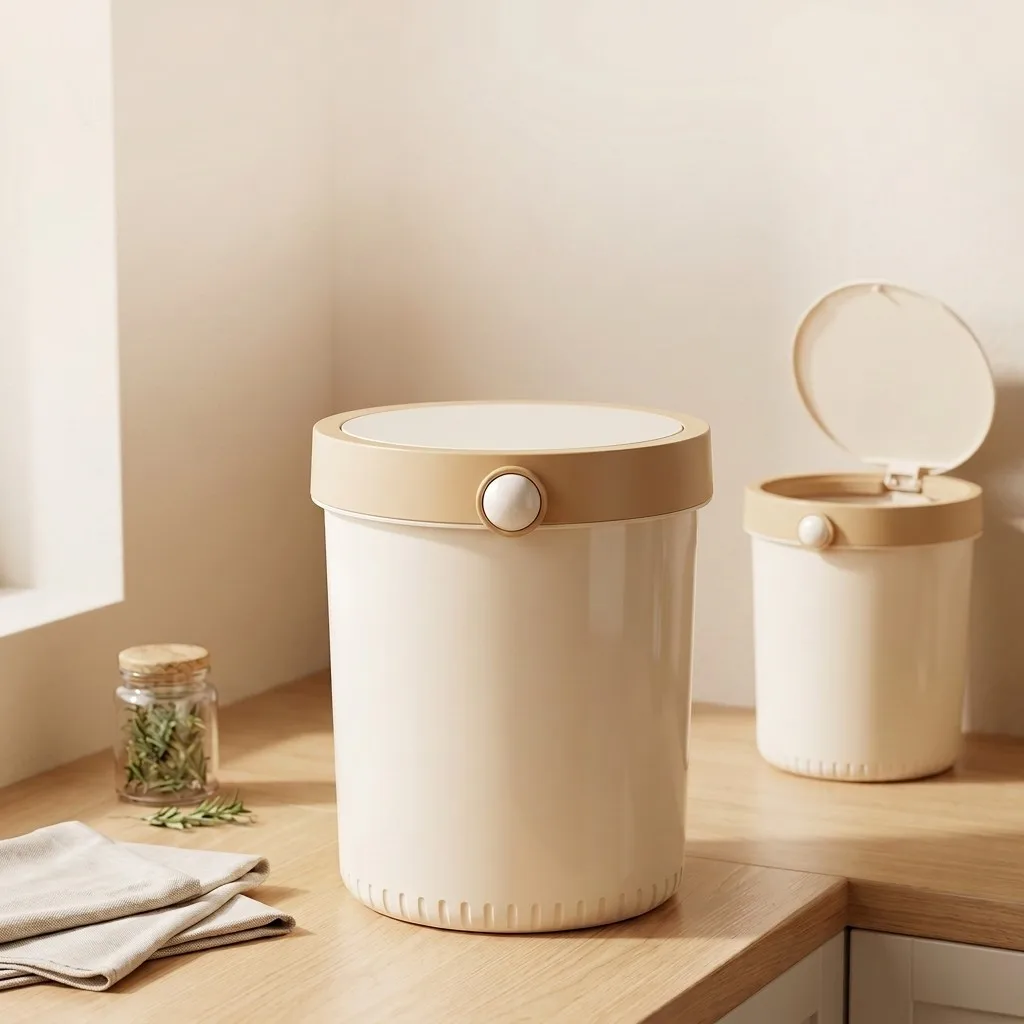 Beige Plastic Trash Can with Lid Push Button Wastebasket Pet Proof Garbage Bin Odor-proof Dustbin for Bathroom Kitchen Desk