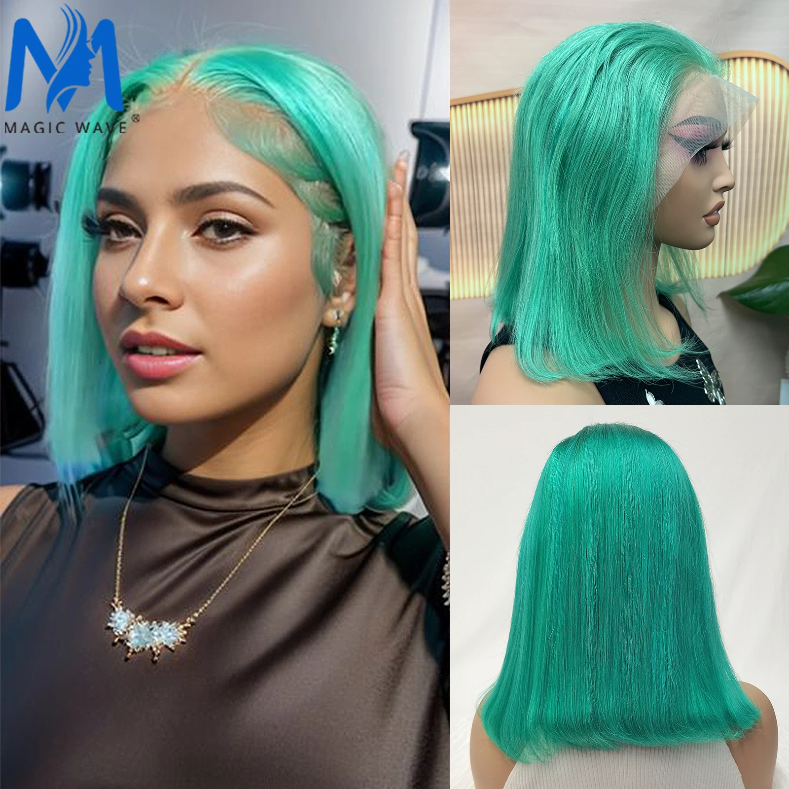 

10-16 Inches Mint Green Colored Straight Short Bob 13x4 Lace Frontal Wigs Brazilian Remy Human Hair Wig for Women Preplucked