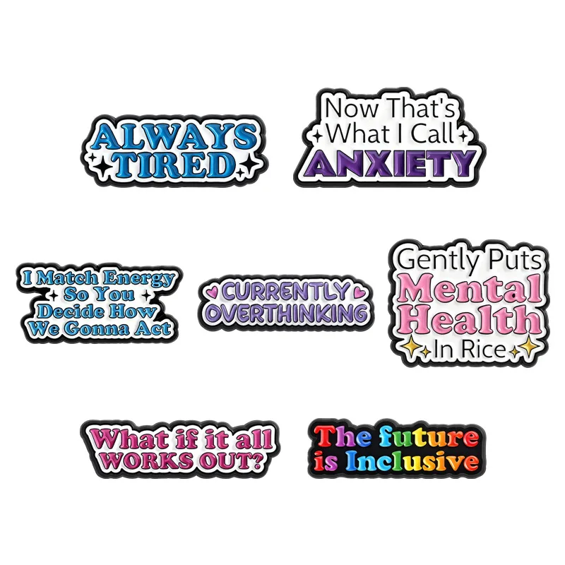 Pines Fun Mental Health Brooch Funny Text Badge Fatigue Anxiety Personalized Decoration Brooch Creative Accessories Badges Metal