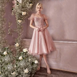 New Sparkling Rose Pink Homecoming Dresses Glitter Wedding Party Gowns Tea Length Lace Cocktail Dresses Short Sleeves Back Out