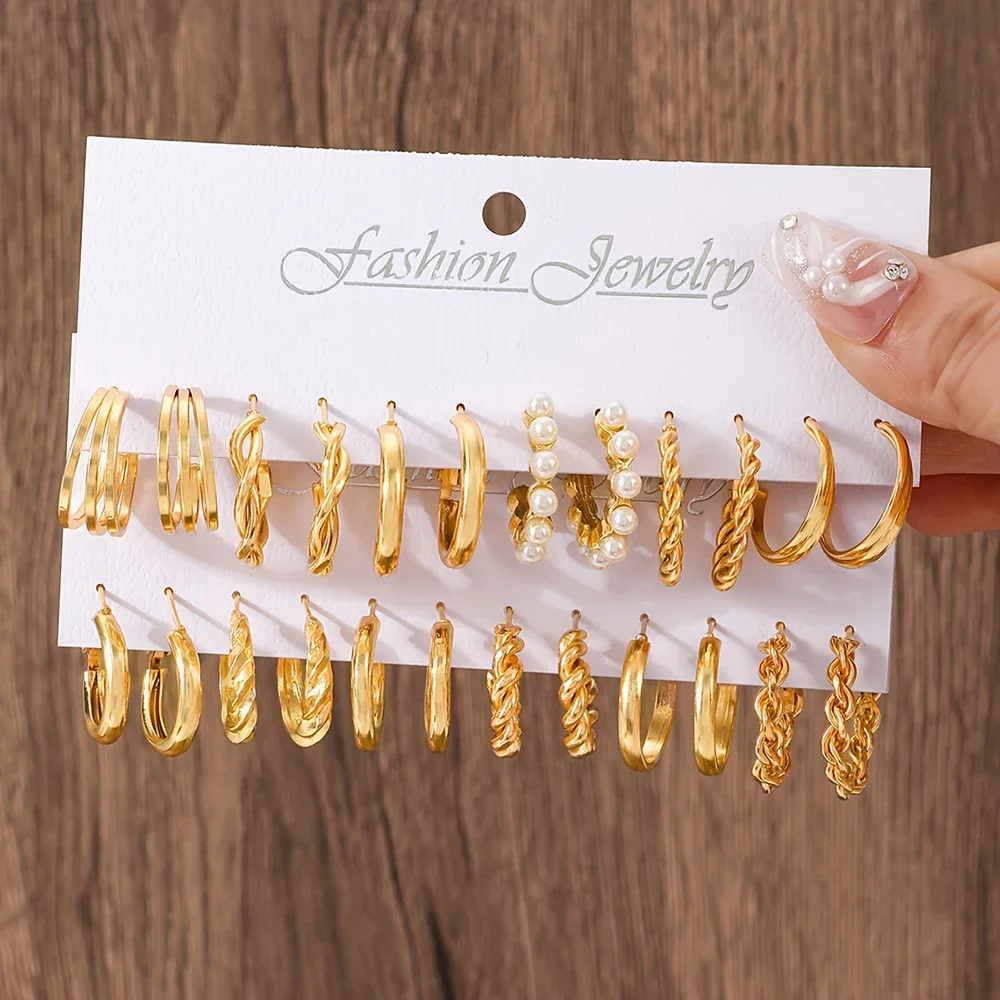 Boho Big Circle Hoop Earring Set for Women, Gold Color Bohemia Vintage Pearl Earring Heart Zircon Ear Studs Jewelry Gifts