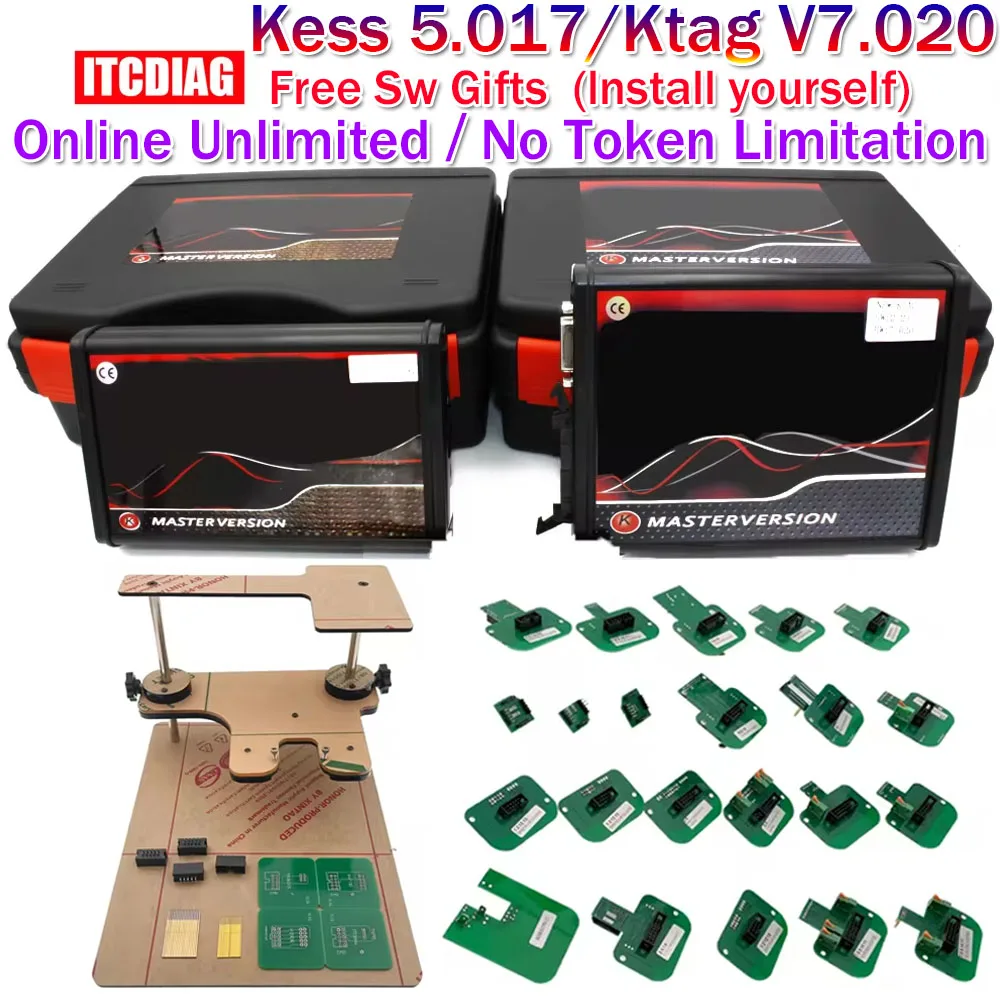 Online 2.80 EU Red Kess V5.017 V2 KTAG V7.020 OBD2 Manager Tuning Kit 4 LED BDM Frame 22pcs Adapters SW V2.25 ECU Programmer Kit