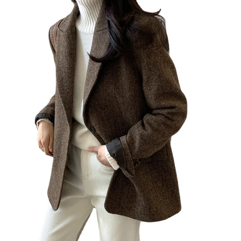 Wool Loose Women Blazer 2023 New Fashion Office Ladies Button Up Turn Down Collar Coats Vintage Long Sleeve Chic Jacket