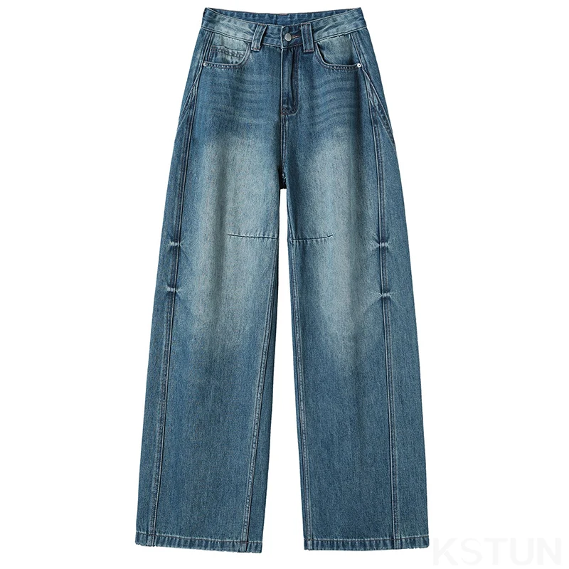 KSTUN خمر شارع العليا واسعة الساق الجينز للنساء عالية الخصر السراويل الفضفاضة الإناث مستقيم الساق سراويل جينز العصرية المرقعة #5