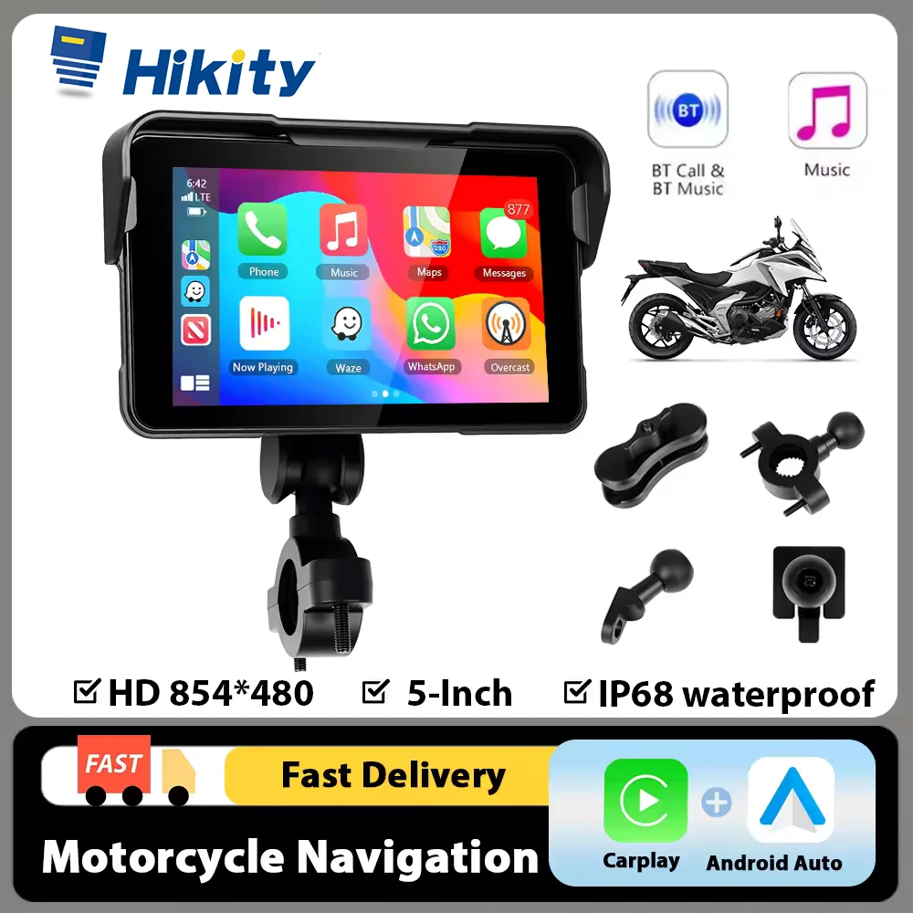 Hikity Lecteur d'écran intelligent sans fil Carplay Android Auto pour moto, écran portable HD 5 pouces, lecteur d'écran portable, étanche IP68
