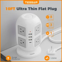 TESSAN Flat Plug Power Strip Tower with 8 AC Outlets & 4 USB Ports, Ultra Thin Retractable Extension Cord 5 FT for Home Office