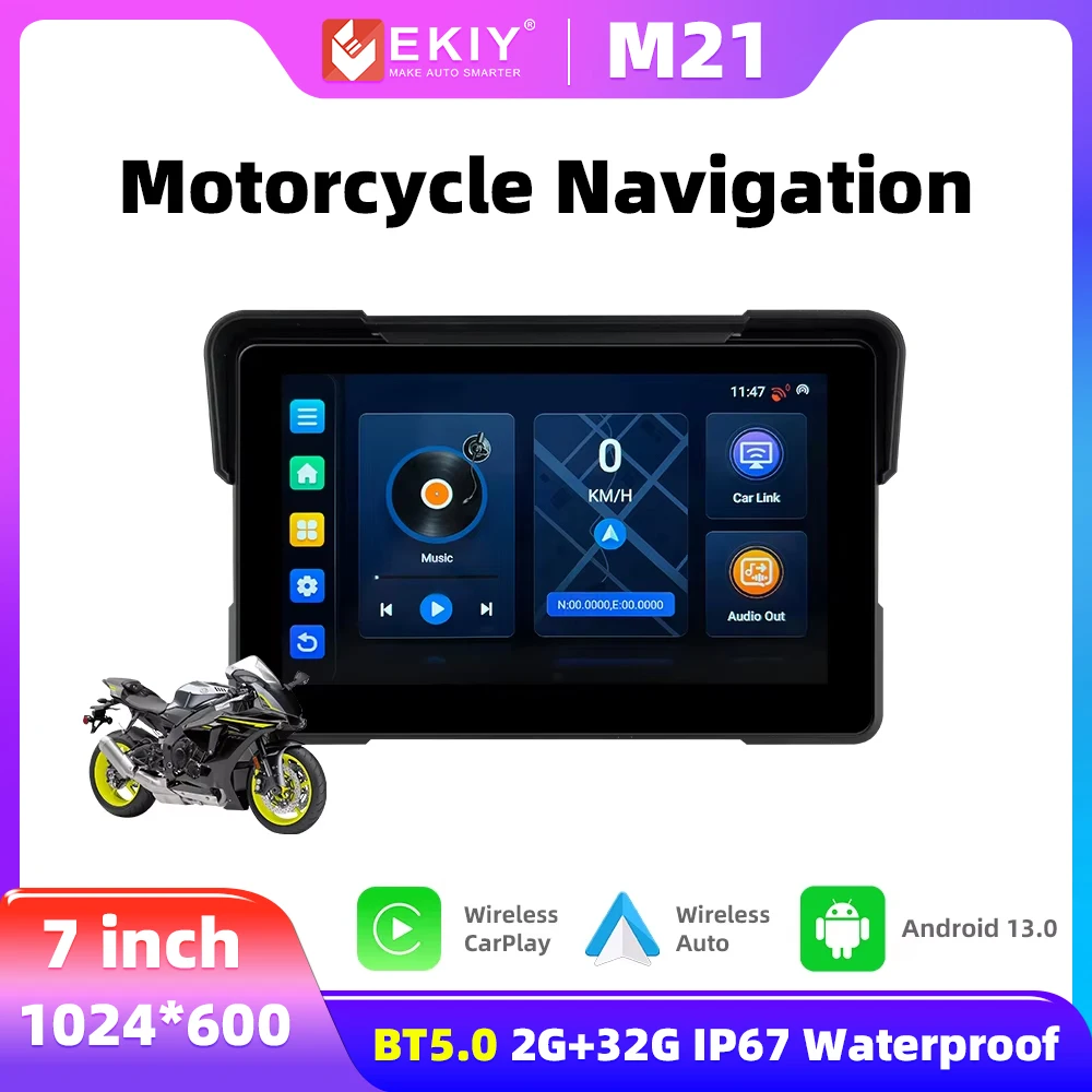 EKIY 7 Inch Motorcycle Carplay Navigation Android 13.0 2+32GB GPS Wireless Carplay Android Auto Motorcycle Touch Screen