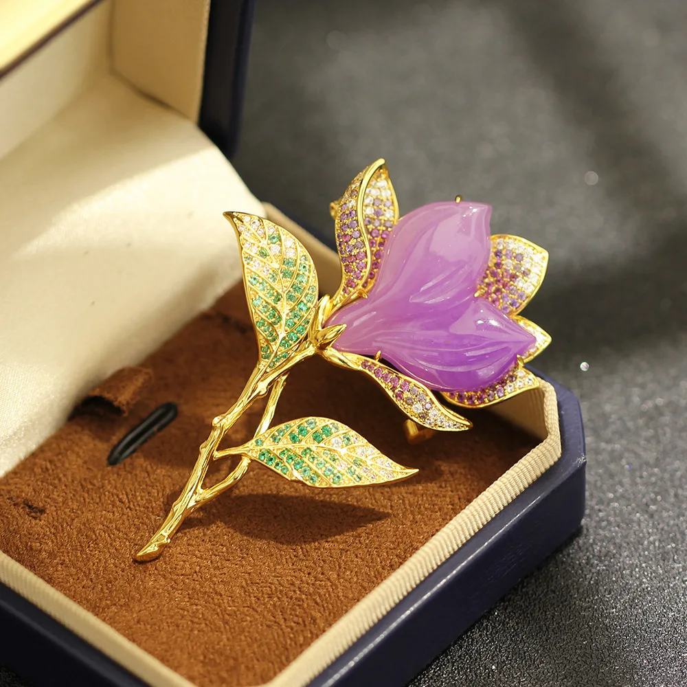 New Chinese Style Purple Magnolia Brooch with Colorful Zirconium Light Luxury Design Women's Suit Jacket Accessories Pin Gift