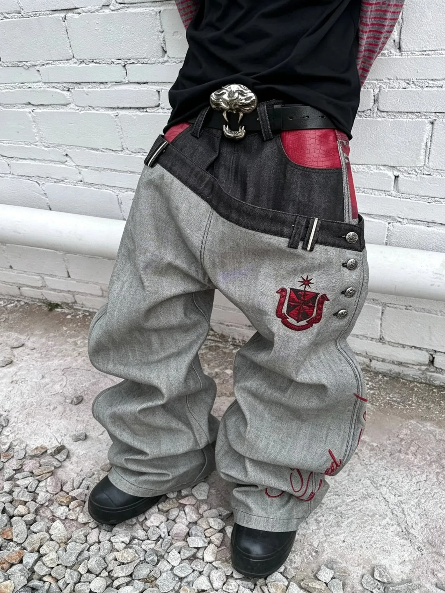 American Retro Double Waist Head Patchwork Jeans Loose Wide Leg Knife Long Pants Men's Street Style Denim Trousers