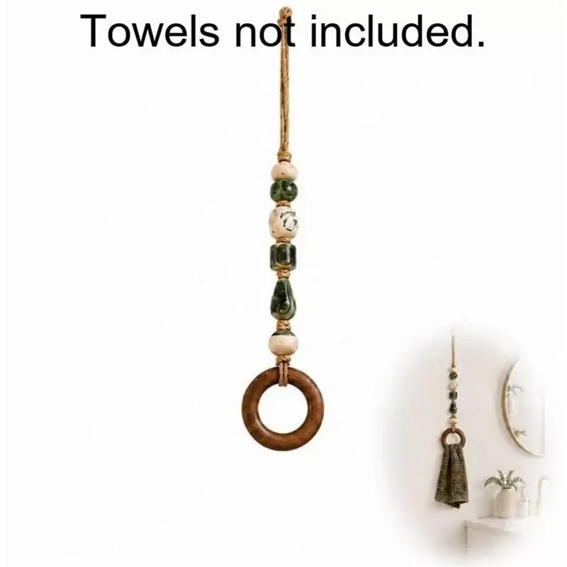 ABYN-Beaded Towel Hanger With Wooden Ring Decorative Hanging Rack For Bathroom And Kitchen 2 Pack