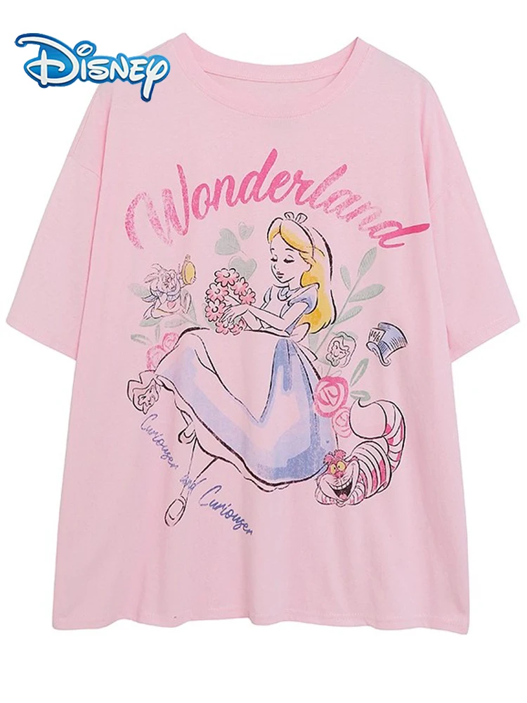 

Disney Alice in Wonderland Princess Cheshire Cat Cartoon Print Pink Sweet T-Shirt Women Short Sleeve O-Neck Pullover Tee Tops