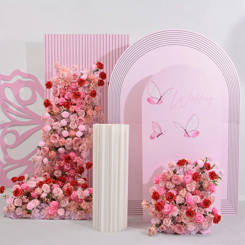 

Wholesale Customized Pink Flower Backdrop and Horn Arch Artificial Wedding Decorations Supplies with Stand Row Props