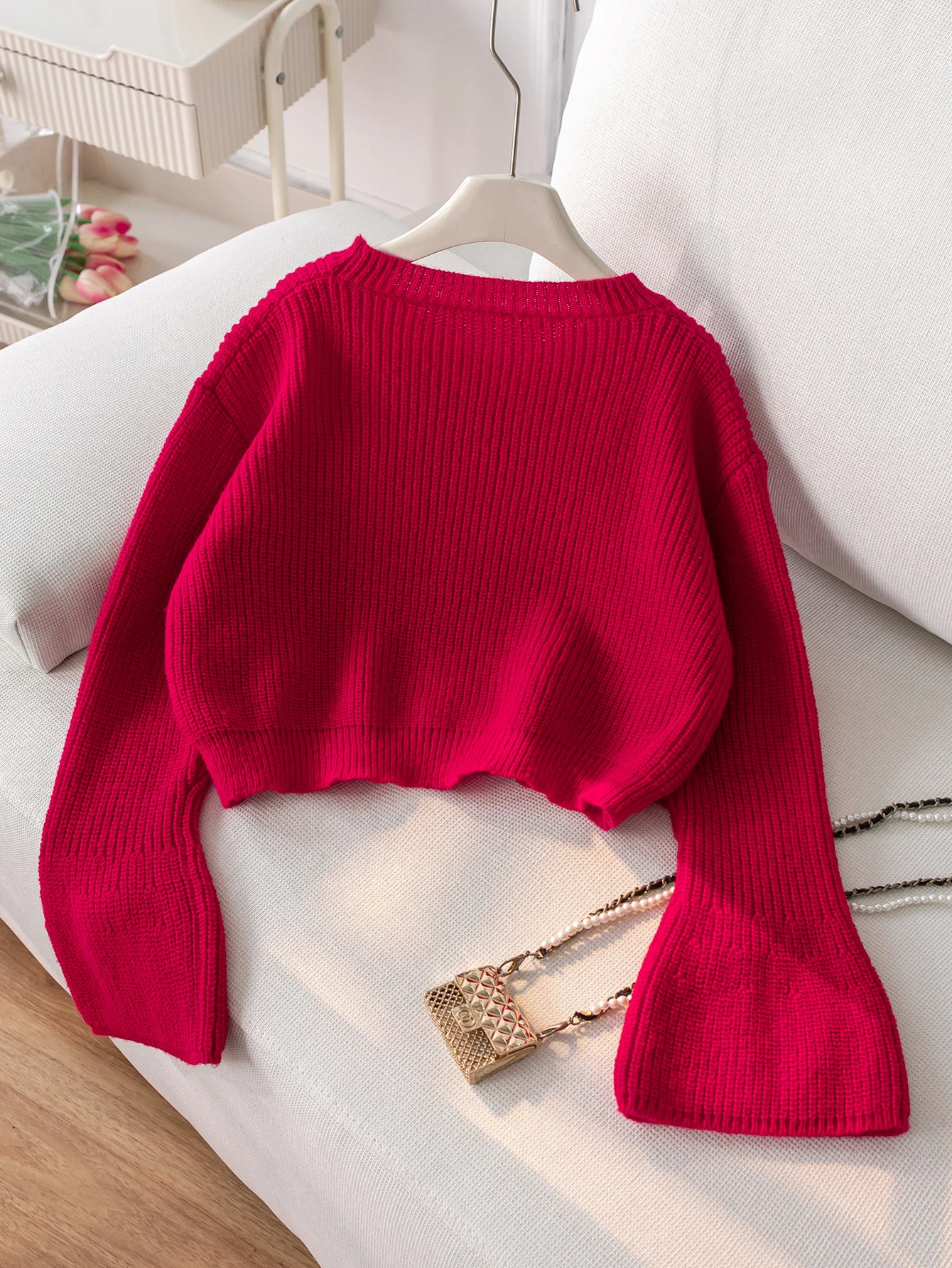 Girl's Elegant Trumpet Sleeve Butterfly Knot Short Sweater Knitted Pullover Suitable for Daily Vacation in Spring, Autumn, and W