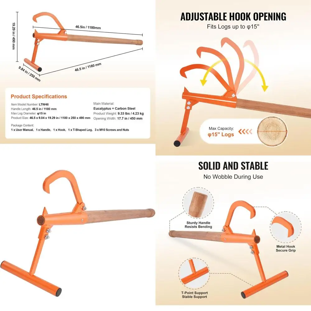 

46.5 Heavy Duty Log Lifter with Wooden Handle, Adjustable Cant Hook, Rolling & Lifting Tool for Logs Up to 15 Diameter