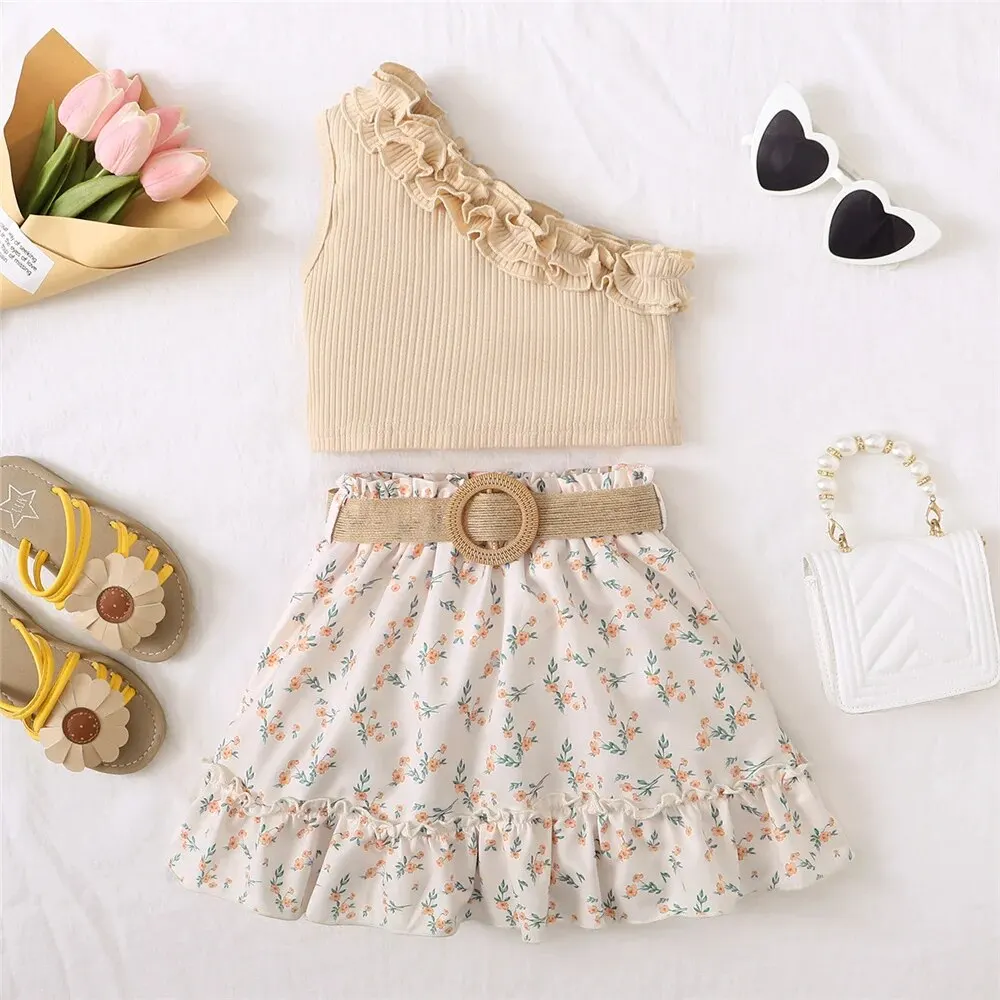 2PCS Kids Baby Girl Clothes Set Retro Off-Shoulder Top+Flowers Skirt Summer Sense Of Design Outfits For Child Girl 1-6 Years