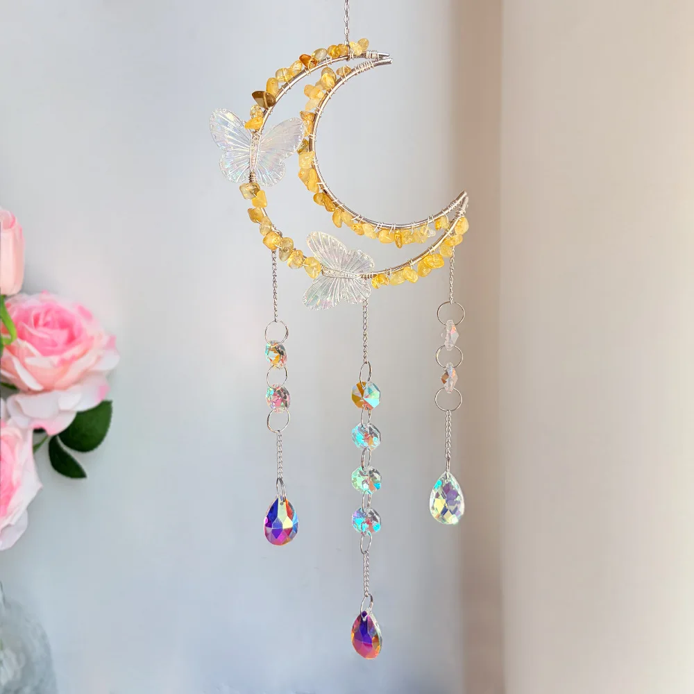 Custom Silver Butterfly Moon Citrine Crystal Sun Catcher - Glass Pendants Hanging Ornament for Window Decor