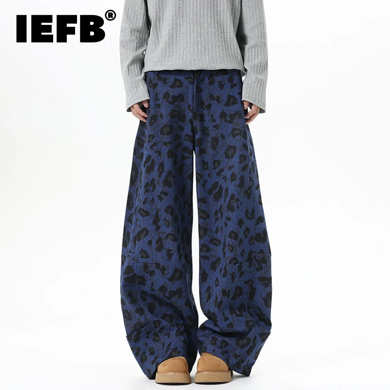 IEFB Niche Design Men's Jeans Leopard Print Contrast Color Casual Wide Leg Bottom Straight All-match Male Denim Pants 9X1004