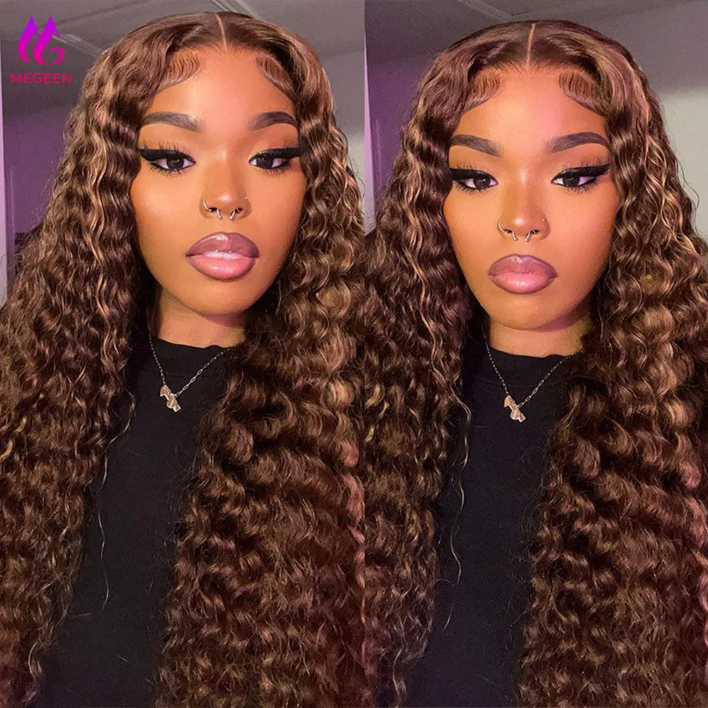 Megeen 13x4 transparente Spitze Frontal Perücke P4/27 Highlight Wasserwelle Perücke Spitze Front Perücke Menschenhaar Honig blond Ombre farbige Perücke