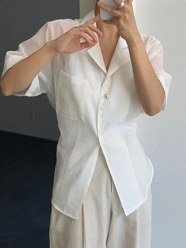 

White Loose ort Sve irt Women's Chic Summer Top Vintage See-tough Belted Versatile Blouse Fem Faion Premium