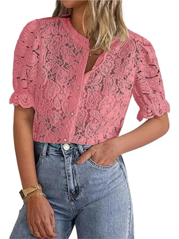 Camicia elegante in pizzo Top moda donna manica petalo bottoni camicie velate solide top Lady Casual ufficio abbigliamento donna estate novità