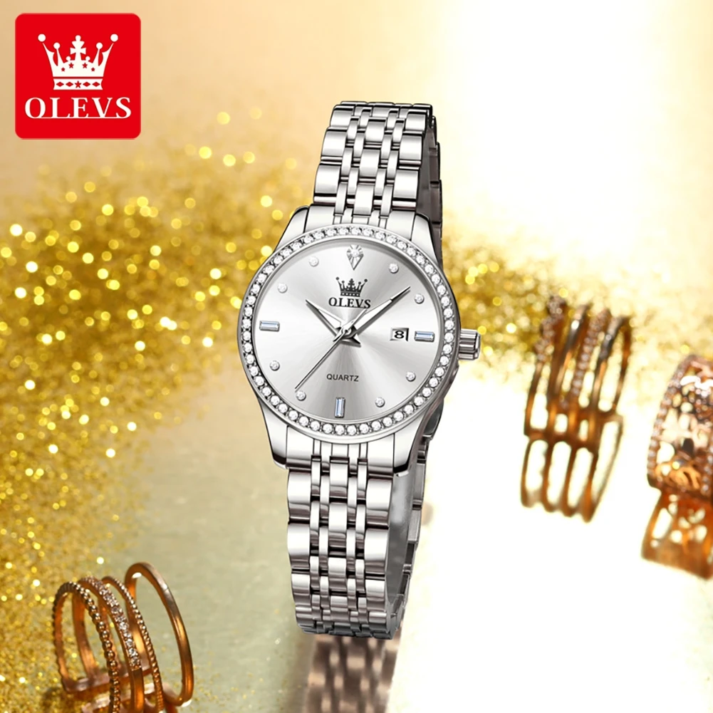 

OLEVS Women's Watches Simple Elegant Diamond Bezel Original Quartz Watch for Ladies Waterproof Luminous Date Stainless Steel New