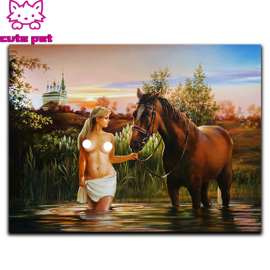 cute pet DIY handmade diamond Sexy woman and horse cross stitch Mosaic home decorative art painting wallpaper Diamond Embroidery