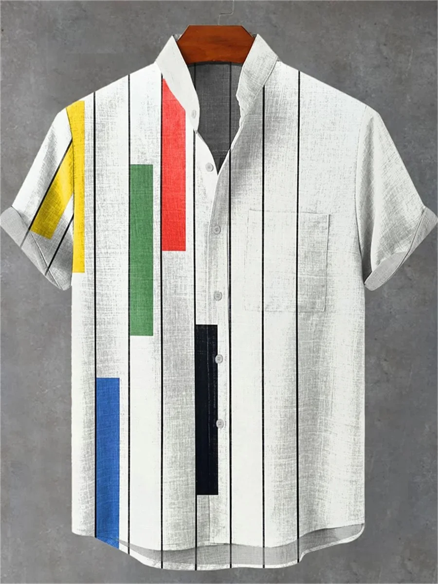 New summer new multicolor geometric stripes 3D printing casual fashion linen men's stand collar large size short shirt