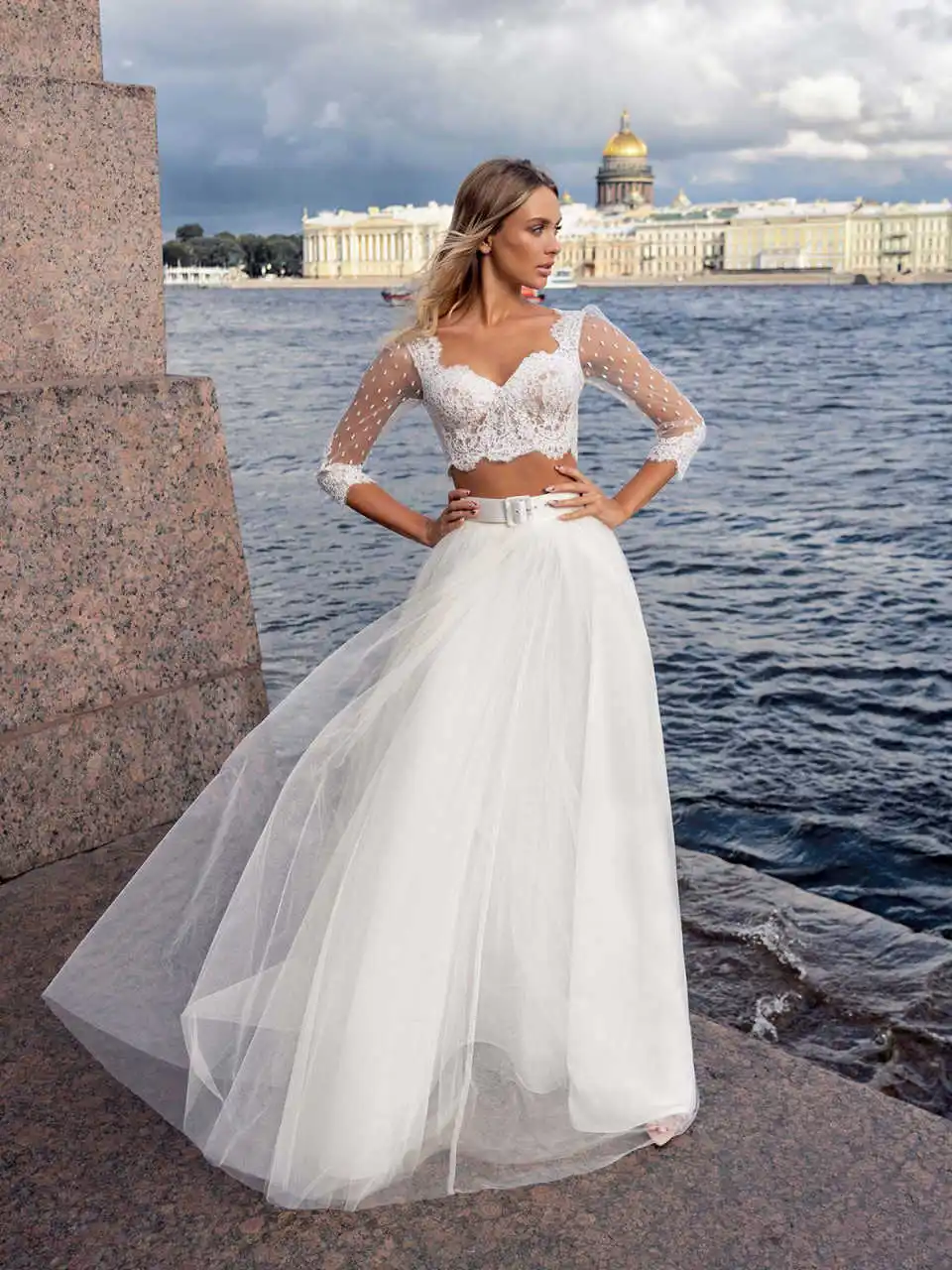 

Charming Two-Piece Wedding Dress Sweetheart Neck Half-Sleeve Sheer Bodice Tulle Skirt with Belt Vestido De Novia Customized