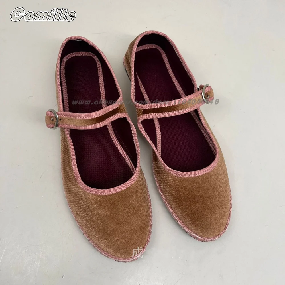 

Retro Gold Velvet Belt Buckle Strap Shallow Flat Shoes Mary Jane Non-Slip Lady Grace Flats Size 34-43 Ballet Style Casual Shoes