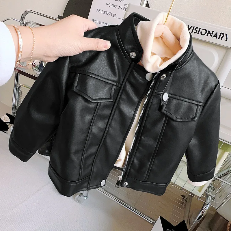 

Children's Leather Jacket2025 Winter Girls Boys Fleece Lined Motorcycle Leather Jacket Coat