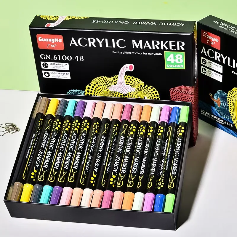 GuangNa 48 Colors Double tip Acrylic Paint Markers Diy Graffiti Soft Brush Drawing Stone Rock Wood Metal Canvas Art Supplies