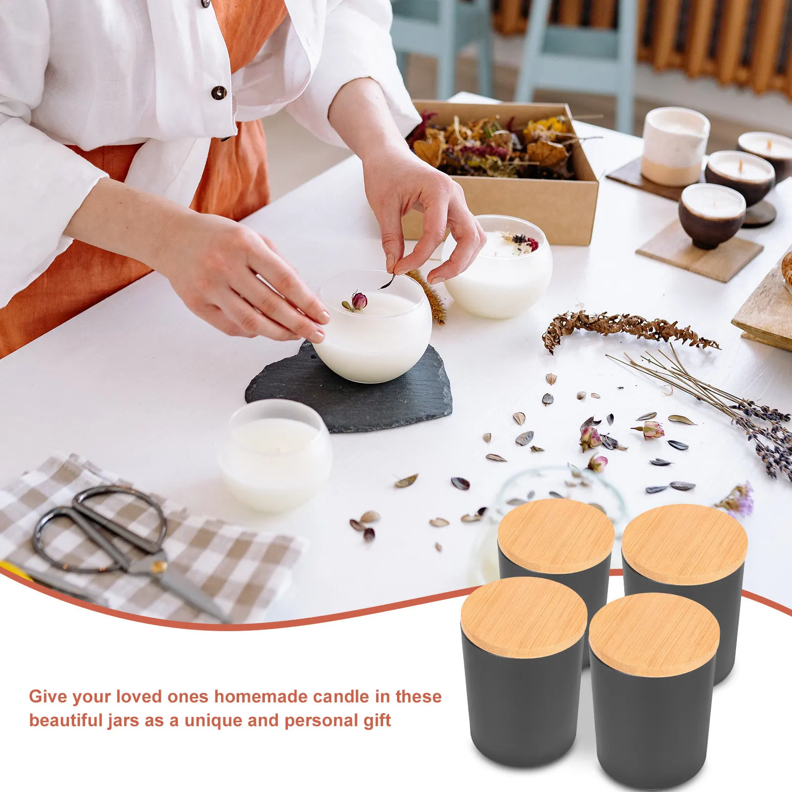 4Sets Elegant Glass Tins with Bamboo Lids DIY Making Kits Scented Wax Storage Home Kitchen Spice Jar