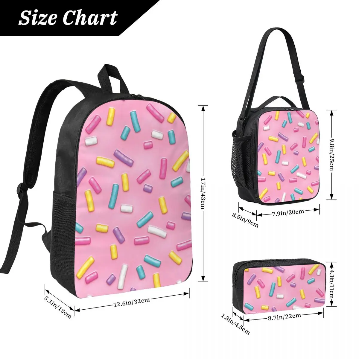 Sweet Sweet Pink Donut Sprinkles Backpack Boy Girl BookBag School Bag Computer Shoulder Bags 3ps Insulated Lunch Bag Pencil Case
