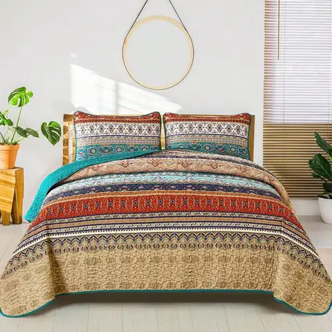 Pieces Brown Green Striped Quilt Set Queen King California King Boho Bedspread Coverlet Set ,Boho Blanket,Soft Lightweight Micro