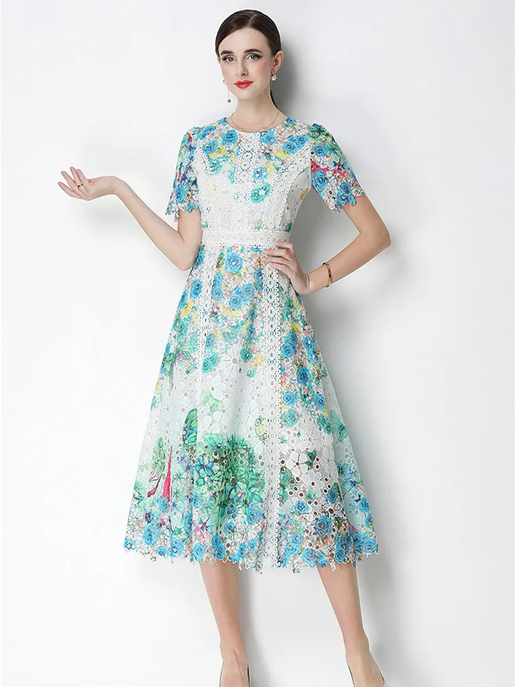 Summer Retro Openwork Water-Soluble Lace Round-Neck Fitted Short-Sleeve Midi Dress For Women
