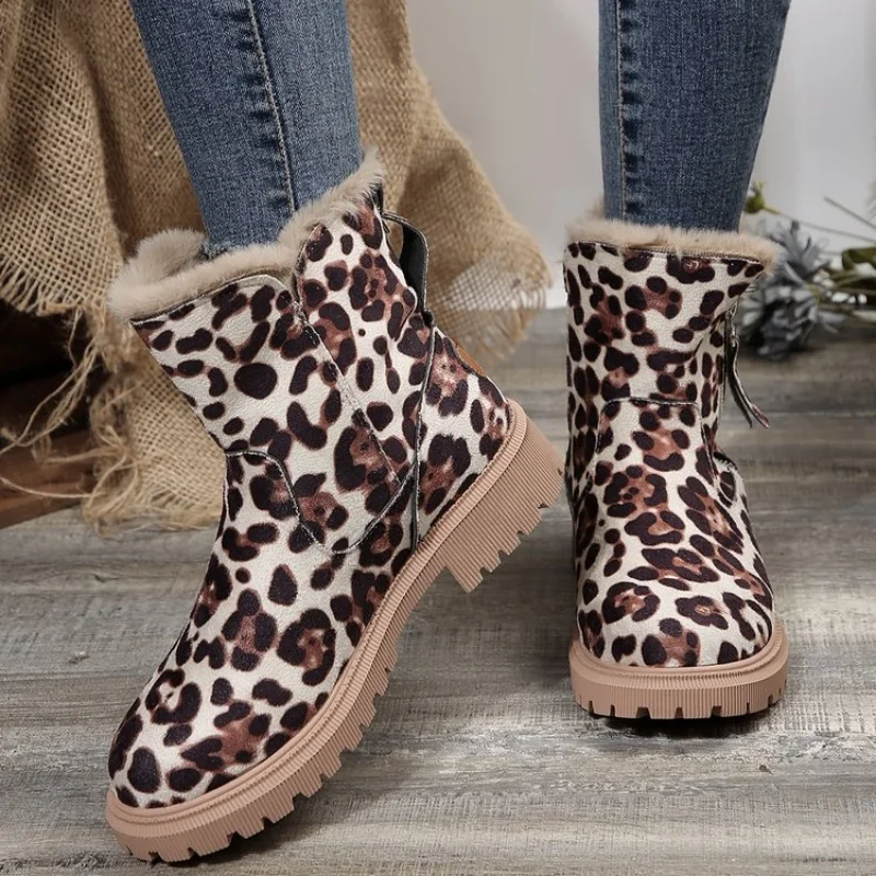 Fashion Leopard Pattern Women's Ankle Boots Side Zipper Thick Plush Snow Boots Woman Non Slip Warm Fur Lined Winter Booties 2024