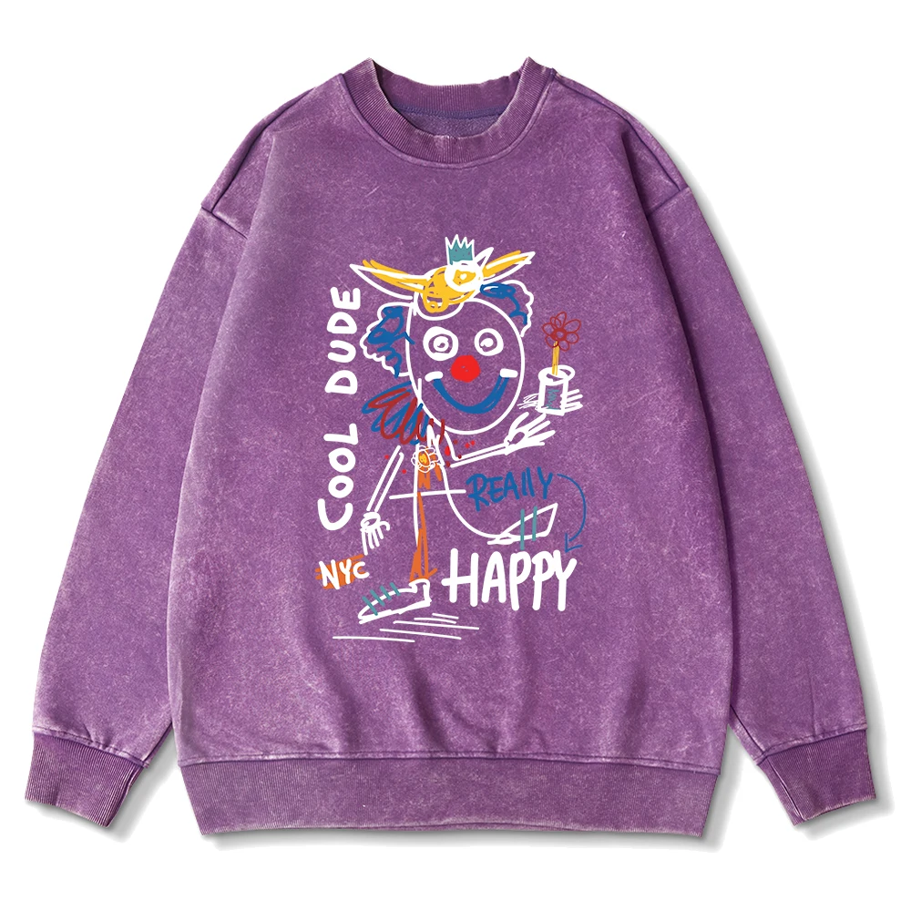 Cotton Men Woman Washed Sweatshirt Graffiti Cute Clown Printed Hoodie Vintage Oversize Street Pullover Fashion Couple Streetwear