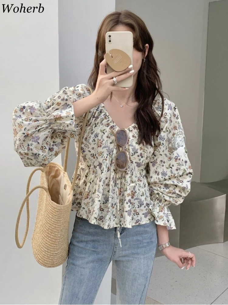 2024 Blusas Mujer De Moda Floral Sweet Crop Blouses for Women Loose V-neck Bandage Shirts Summer Y2k Vintage Folds Blouse Tops