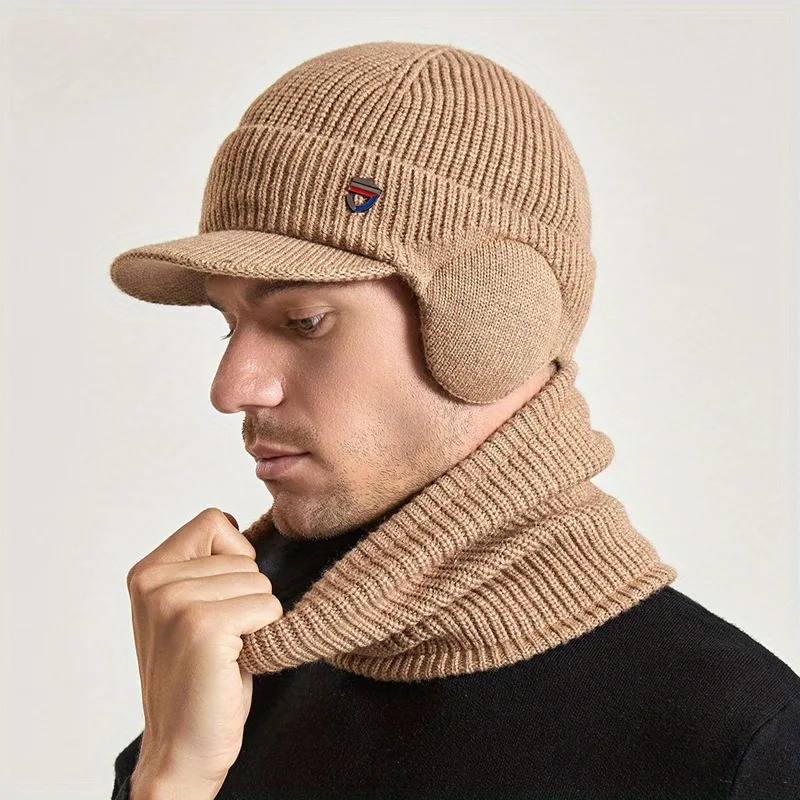 Männer Winter Warme Gestrickte Sturmhaube Hut mit Schal Fleece Gefüttert Schädel Kappe Koreanische Version 1 Set