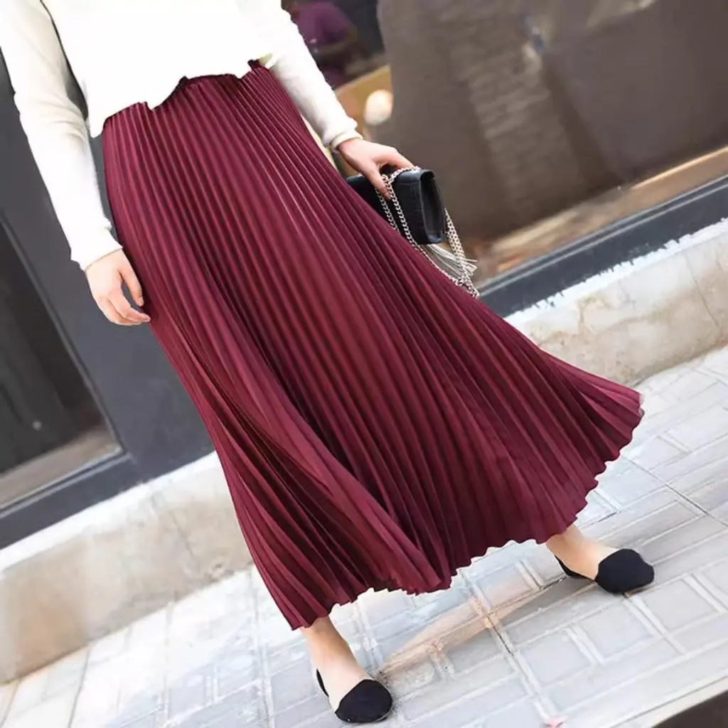 

Korean-Style Elegant Chiffon Long Skirt Slimming Pleated Mid-Length Swing Skirt for Women Beachwear