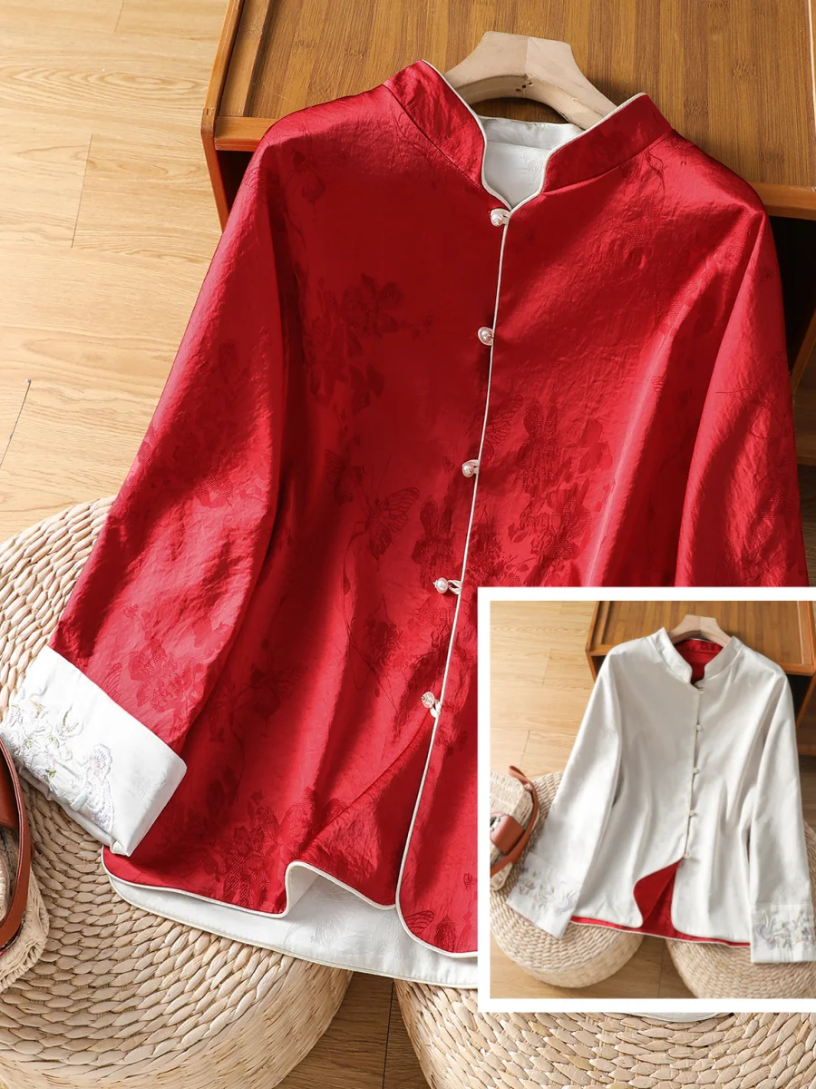 

Красный бархат с вышивкой, двусторонний носимый воротник-стойка, китайский джинт, майса, новогодний свадебный костюм Тан...