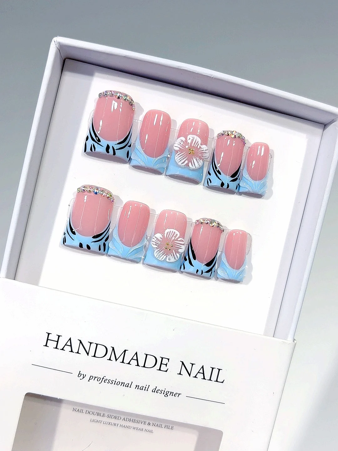 

Pink Blue Floral Rhinestone Short Square Press on Nails - Handmade Elegant French Style False Nails with 3D Art（L245）