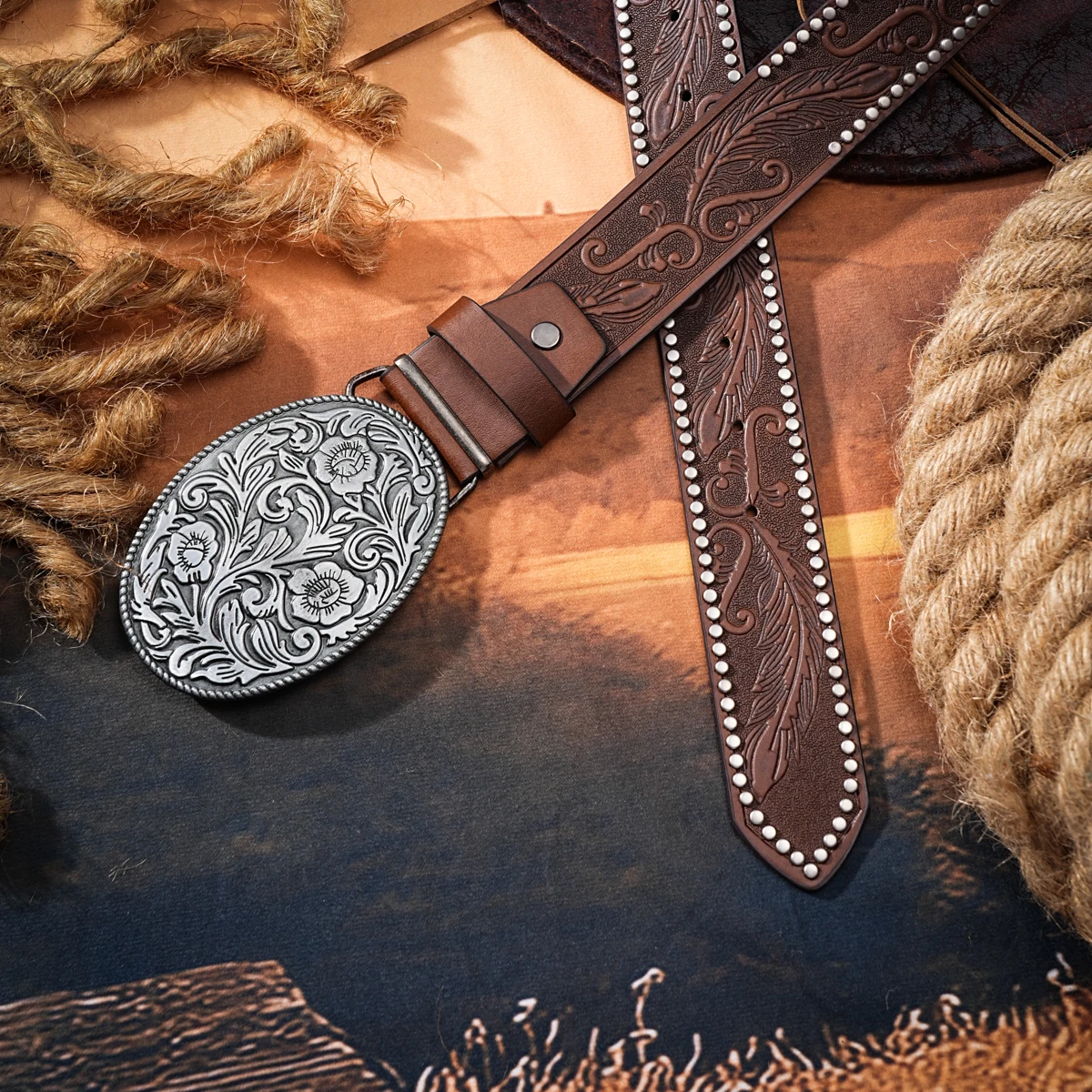 Men & Women-Western-Cowboy-PU Leather-Belts - Vintage Horse Belt Floral Engraved Buckle Belt for Jeans