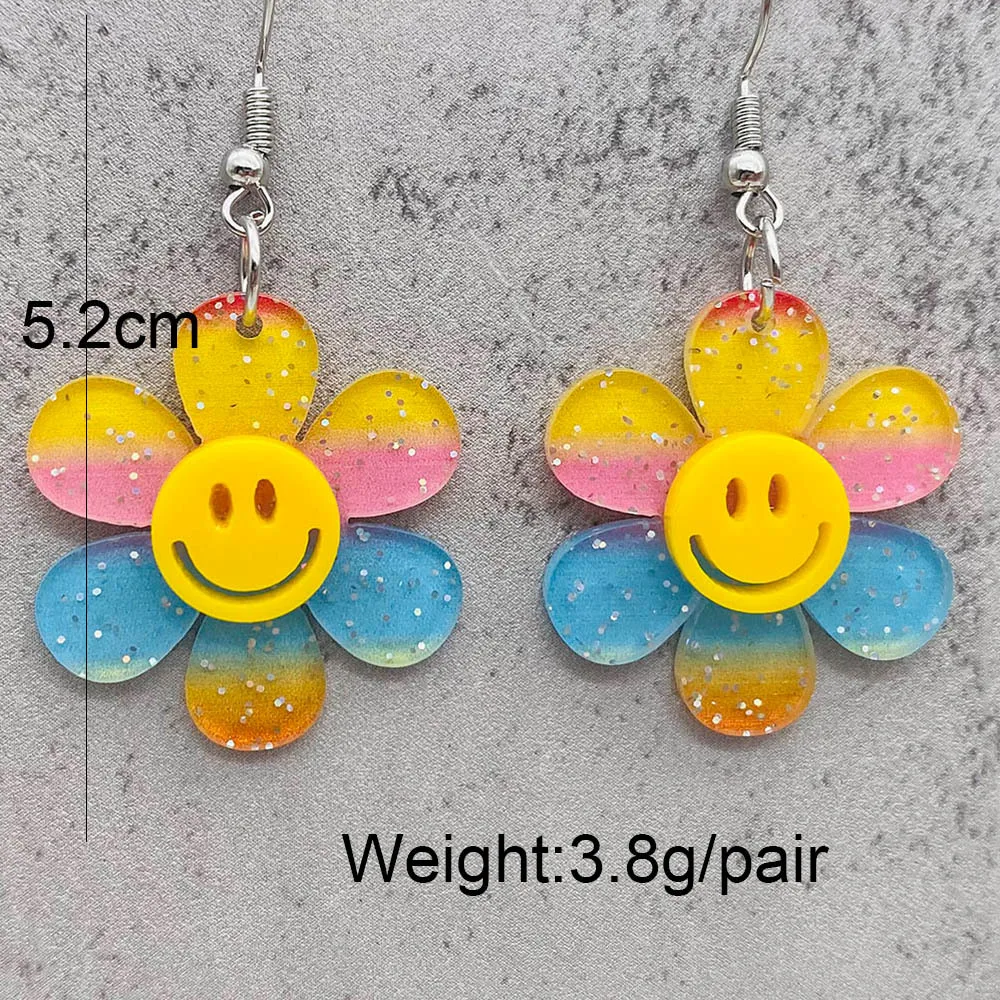 Fashion Flower Acrylic Earrings Colorful Sunflower Sparkling Pink Fluorescent Smiling Face Sweet Earrings for Girl Jewelry Gift