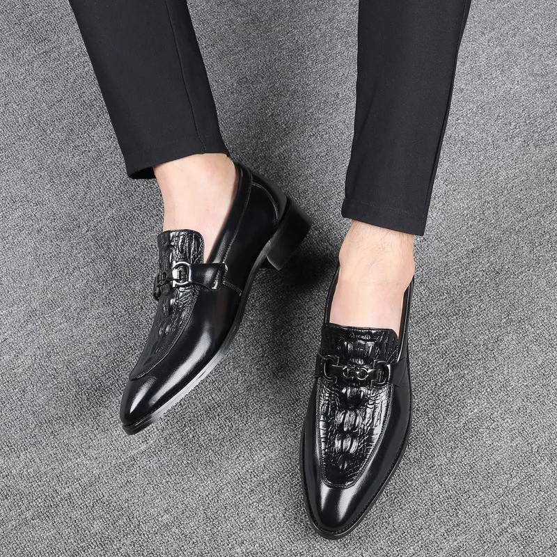 Men\'s Classic Retro Casual Business Shoes Crocodile Grain Leather Buckle Mens Fashion Wedding Party Loafers Men Slip-on Flats