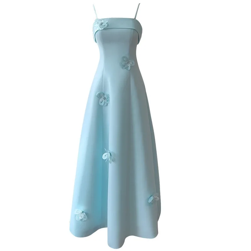 스위트-쿨 스타일 3D 플라워 스트랩리스 미니 드레스 프렌치 엘레강스 슬리밍 롱 가운 - 여성용 플로럴 프린트 맥시 드레스